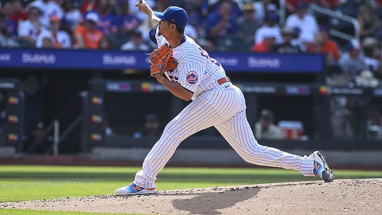 Jul 9, 2022; New York City, New York, USA;  New York Mets starting pitcher Carlos Carrasco (59) pitches in the second inning against the Miami Marlins at Citi Field. Mandatory Credit: Wendell Cruz-USA TODAY Sports