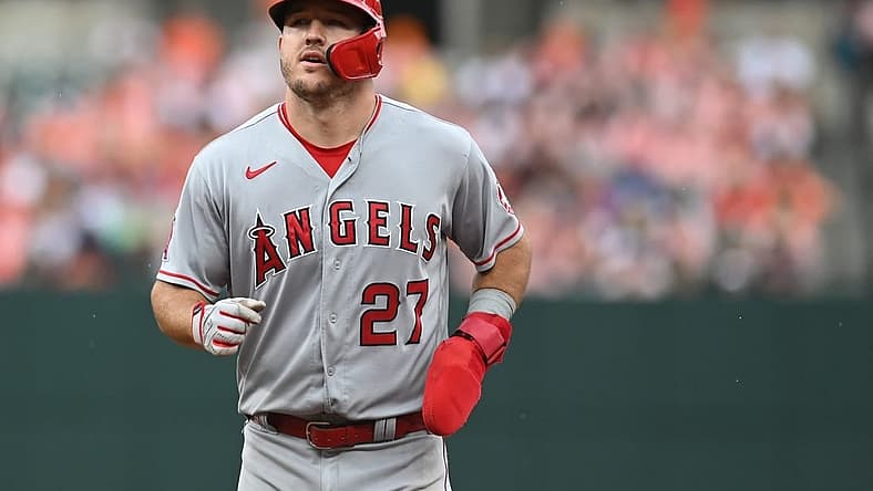 Jul 9, 2022; Baltimore, Maryland, USA;  Los Angeles Angels center fielder Mike Trout (27) runs the bases during the third inning against the Baltimore Orioles at Oriole Park at Camden Yards. Mandatory Credit: Tommy Gilligan-USA TODAY Sports