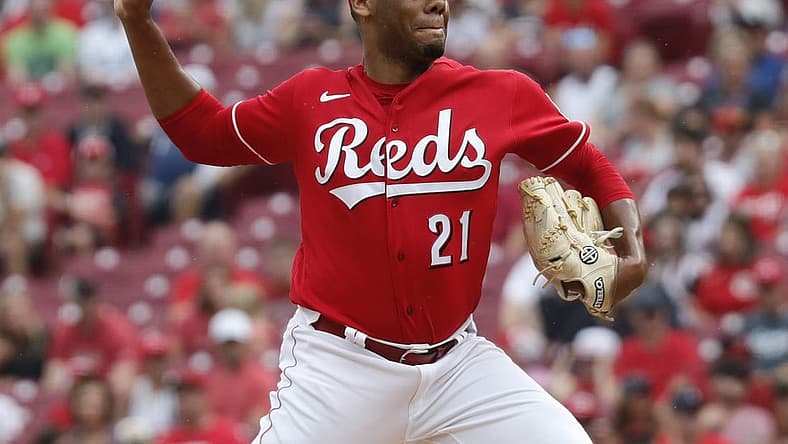 Jul 9, 2022; Cincinnati, Ohio, USA; Cincinnati Reds starting pitcher Hunter Greene (21) throws a pitch against the Tampa Bay Rays during the first inning at Great American Ball Park. Mandatory Credit: David Kohl-USA TODAY Sports