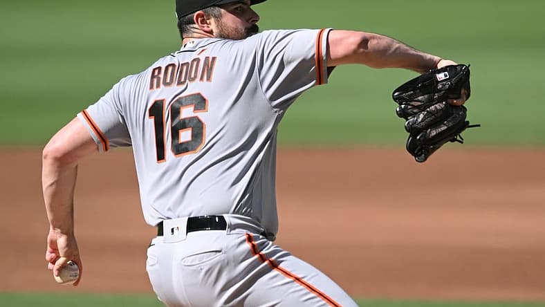 Jul 9, 2022; San Diego, California, USA; San Francisco Giants starting pitcher Carlos Rodon (16) throws a pitch against the San Diego Padres during the first inning at Petco Park. Mandatory Credit: Orlando Ramirez-USA TODAY Sports