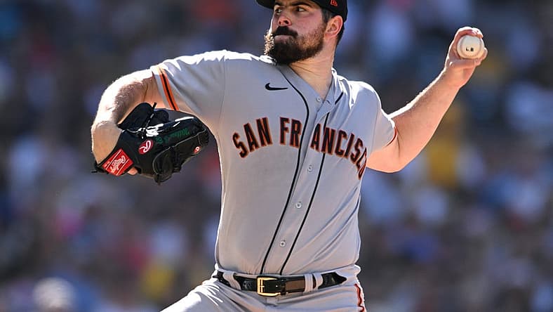 Jul 9, 2022; San Diego, California, USA; San Francisco Giants starting pitcher Carlos Rodon (16) throws a pitch against the San Diego Padres during the first inning at Petco Park. Mandatory Credit: Orlando Ramirez-USA TODAY Sports