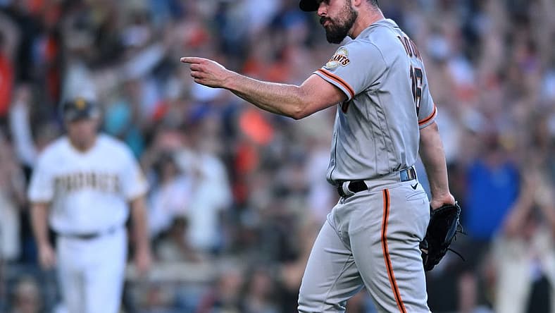 Jul 9, 2022; San Diego, California, USA; San Francisco Giants starting pitcher Carlos Rodon (16) gestures after the Giants defeated the San Diego Padres at Petco Park. Mandatory Credit: Orlando Ramirez-USA TODAY Sports