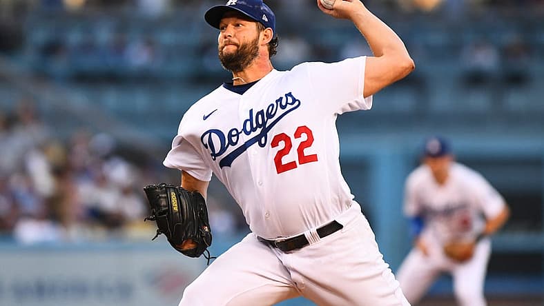Jul 9, 2022; Los Angeles, California, USA; Los Angeles Dodgers starting pitcher Clayton Kershaw (22) pitches against the Chicago Cubs during the second inning at Dodger Stadium. Mandatory Credit: Jonathan Hui-USA TODAY Sports