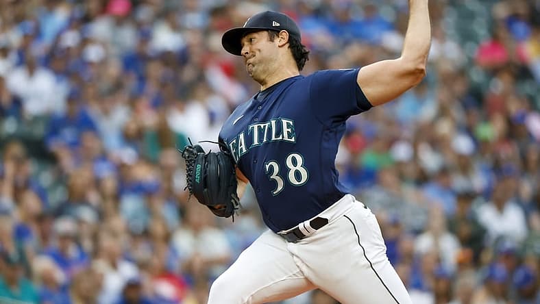 Jul 9, 2022; Seattle, Washington, USA; Seattle Mariners starting pitcher Robbie Ray (38) throws against the Toronto Blue Jays during the first inning at T-Mobile Park. Mandatory Credit: Joe Nicholson-USA TODAY Sports