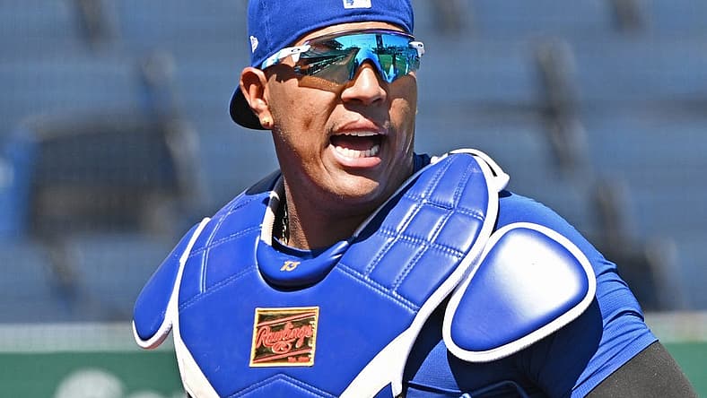Jul 10, 2022; Kansas City, Missouri, USA; Kansas City Royals catcher Salvador Perez (13) works out, prior to a game against the Cleveland Guardians at Kauffman Stadium. Mandatory Credit: Peter Aiken-USA TODAY Sports