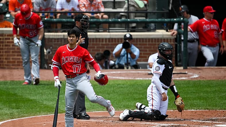 Jul 10, 2022; Baltimore, Maryland, USA; Los Angeles Angels designated hitter Shohei Ohtani (17) reacts after a swing during the fourth inning against the Baltimore Orioles at Oriole Park at Camden Yards. Mandatory Credit: Tommy Gilligan-USA TODAY Sports