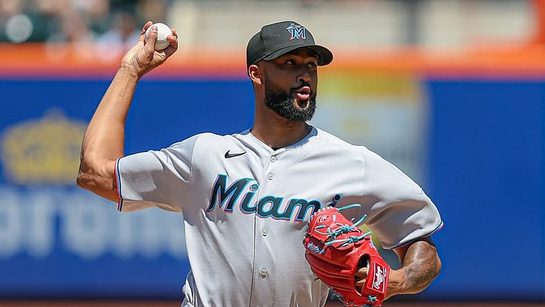 Jul 10, 2022; New York City, New York, USA; Miami Marlins starting pitcher Sandy Alcantara (22) delivers a pitch during the first inning against the New York Mets at Citi Field. Mandatory Credit: Vincent Carchietta-USA TODAY Sports