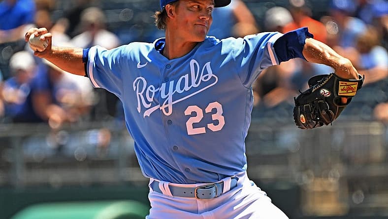 Jul 10, 2022; Kansas City, Missouri, USA; Kansas City Royals starting pitcher Zack Greinke (23) delivers a pitch during the first inning against the Cleveland Guardians at Kauffman Stadium. Mandatory Credit: Peter Aiken-USA TODAY Sports