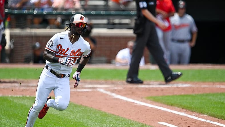 Jul 10, 2022; Baltimore, Maryland, USA; Baltimore Orioles shortstop Jorge Mateo (3) runs out a seventh inning single against the Los Angeles Angels at Oriole Park at Camden Yards. Mandatory Credit: Tommy Gilligan-USA TODAY Sports