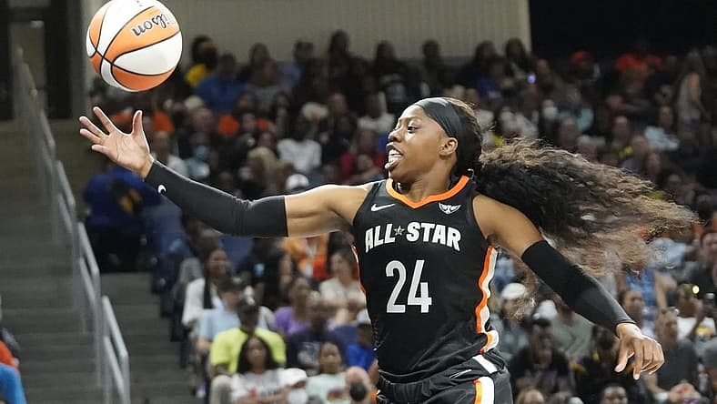 Jul 10, 2022; Chicago, Ill, USA; Team Stewart guard Arike Ogunbowale chases the ball during the first half in a WNBA All Star Game at Wintrust Arena. Mandatory Credit: David Banks-USA TODAY Sports