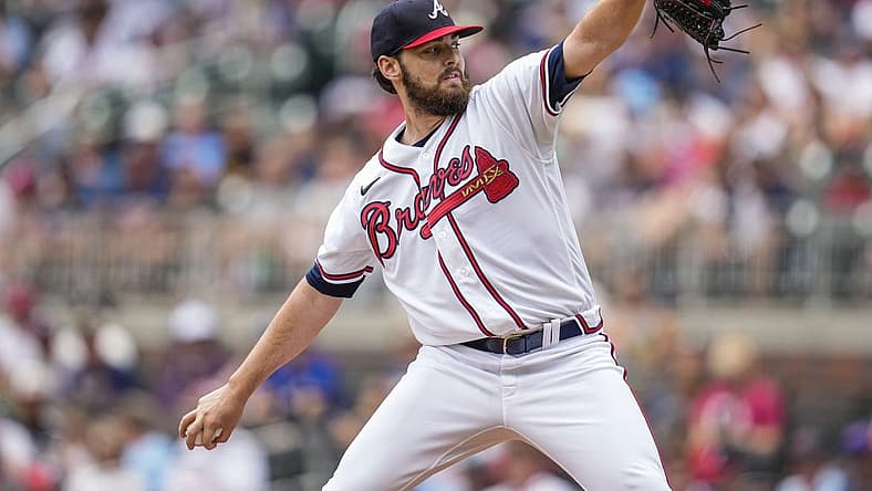 Jul 10, 2022; Cumberland, Georgia, USA; Atlanta Braves starting pitcher Ian Anderson (36) pitches against the Washington Nationals  during the first inning at Truist Park. Mandatory Credit: Dale Zanine-USA TODAY Sports