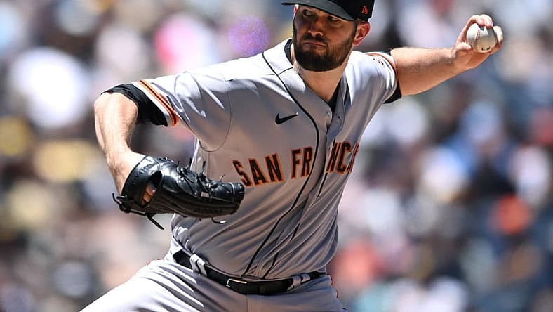 Jul 10, 2022; San Diego, California, USA; San Francisco Giants starting pitcher Alex Wood (57) throws a pitch against the San Diego Padres during the first inning at Petco Park. Mandatory Credit: Orlando Ramirez-USA TODAY Sports