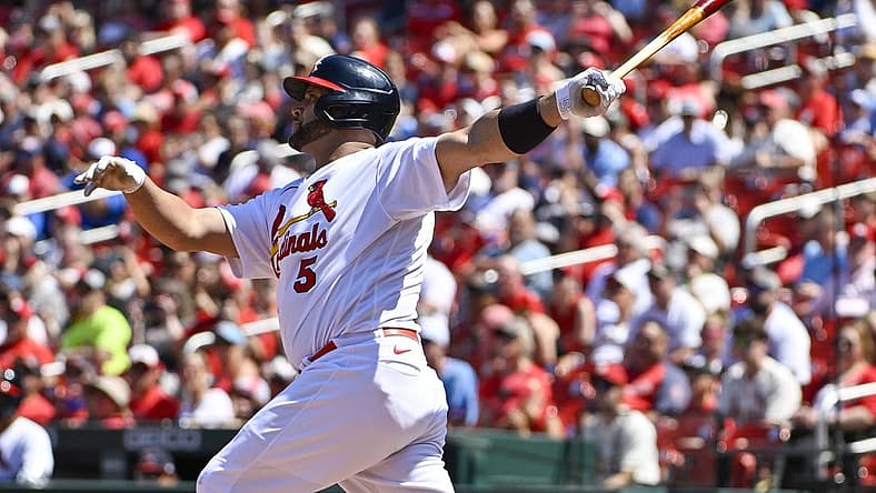 Jul 10, 2022; St. Louis, Missouri, USA;  St. Louis Cardinals first baseman Albert Pujols (5) hits a solo home run against the Philadelphia Phillies during the sixth inning at Busch Stadium. Mandatory Credit: Jeff Curry-USA TODAY Sports