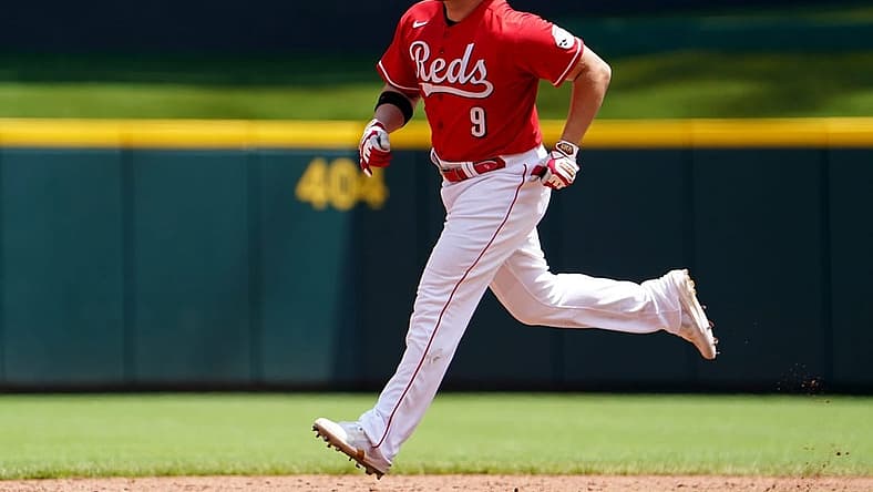 Cincinnati Reds first baseman Mike Moustakas (9) rounds the bases after hitting a three-run home during the third inning of a baseball game against the Tampa Bay Rays, Sunday, July 10, 2022, at Great American Ball Park in Cincinnati. The home run marked the 200th of his career.
Tampa Bay Rays At Cincinnati Reds July 10 0048