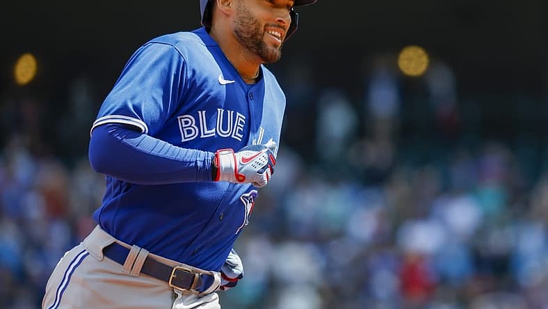 Jul 10, 2022; Seattle, Washington, USA; Toronto Blue Jays designated hitter George Springer (4) runs the bases after hitting a solo-home run against the Seattle Mariners during the first inning at T-Mobile Park. Mandatory Credit: Joe Nicholson-USA TODAY Sports