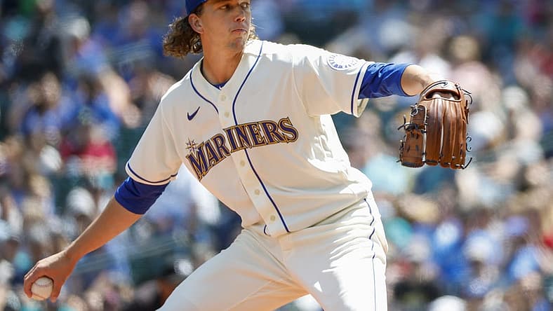 Jul 10, 2022; Seattle, Washington, USA; Seattle Mariners starting pitcher Logan Gilbert (36) throws against the Toronto Blue Jays during the first inning at T-Mobile Park. Mandatory Credit: Joe Nicholson-USA TODAY Sports