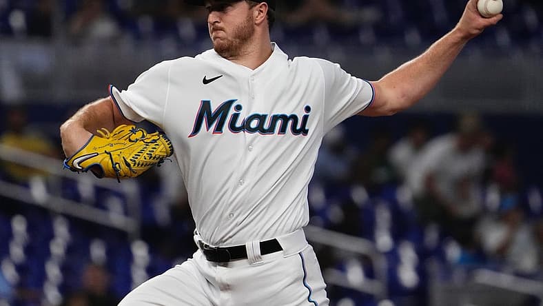 Jul 11, 2022; Miami, Florida, USA; Miami Marlins starting pitcher Trevor Rogers (28) delivers a pitch in the first inning against the Pittsburgh Pirates at loanDepot park. Mandatory Credit: Jasen Vinlove-USA TODAY Sports