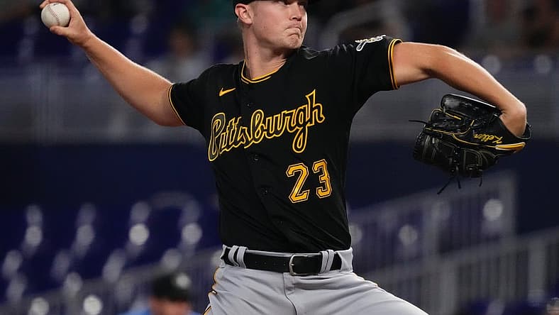 Jul 11, 2022; Miami, Florida, USA; Pittsburgh Pirates starting pitcher Mitch Keller (23) delivers a pitch in the first inning against the Miami Marlins at loanDepot park. Mandatory Credit: Jasen Vinlove-USA TODAY Sports