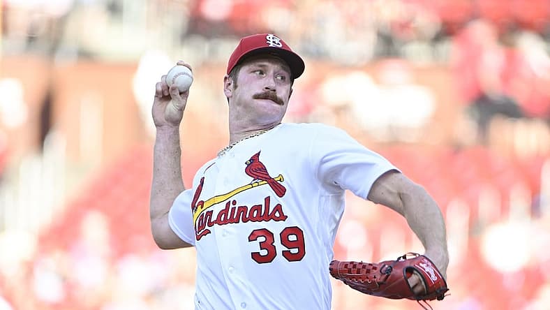 Jul 11, 2022; St. Louis, Missouri, USA; St. Louis Cardinals starting pitcher Miles Mikolas (39) pitches against the Philadelphia Phillies during the first inning at Busch Stadium. Mandatory Credit: Jeff Curry-USA TODAY Sports