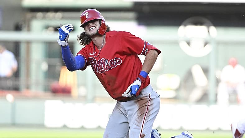 Jul 11, 2022; St. Louis, Missouri, USA;  Philadelphia Phillies third baseman Alec Bohm (28) reacts after he injured his hand sliding in at second base and was tagged out by St. Louis Cardinals second baseman Nolan Gorman (not pictured) during the second inning at Busch Stadium. Mandatory Credit: Jeff Curry-USA TODAY Sports