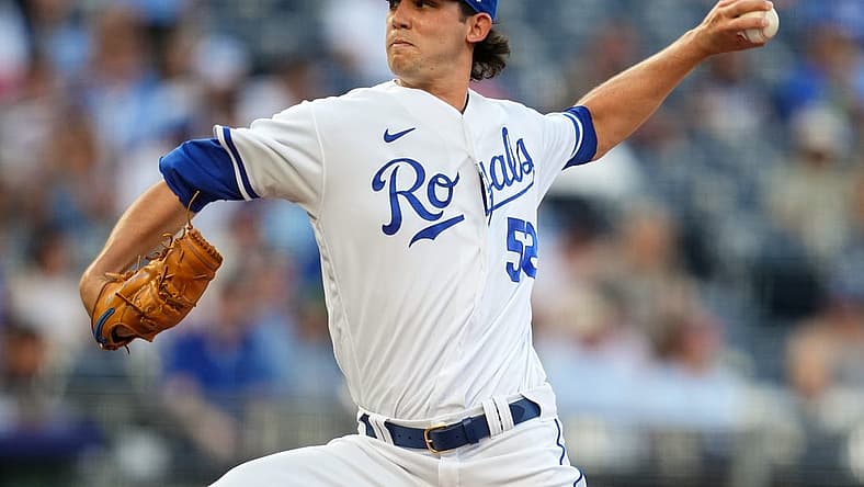 Jul 11, 2022; Kansas City, Missouri, USA; Kansas City Royals starting pitcher Daniel Lynch (52) pitches against the Detroit Tigers during the first inning at Kauffman Stadium. Mandatory Credit: Jay Biggerstaff-USA TODAY Sports
