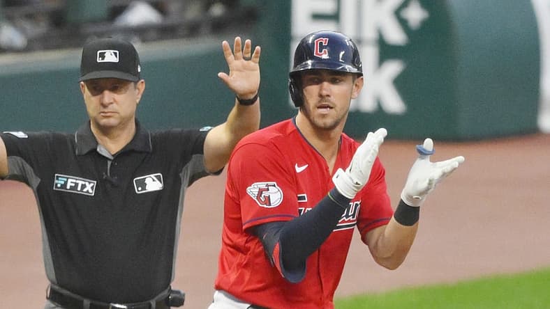 Jul 11, 2022; Cleveland, Ohio, USA; Cleveland Guardians right fielder Nolan Jones (33) celebrates his two-RBI double in the fifth inning against the Chicago White Sox at Progressive Field. Mandatory Credit: David Richard-USA TODAY Sports