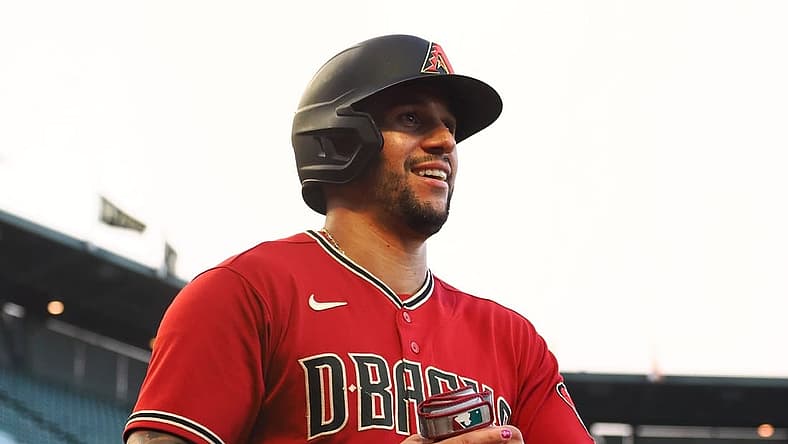 Jul 11, 2022; San Francisco, California, USA; Arizona Diamondbacks left fielder David Peralta (6) smiles after scoring a run against the San Francisco Giants during the third inning at Oracle Park. Mandatory Credit: Kelley L Cox-USA TODAY Sports