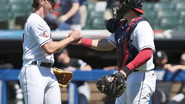 Jul 12, 2022; Cleveland, Ohio, USA; Cleveland Guardians starting pitcher Shane Bieber (57) and catcher Austin Hedges (17) celebrate after the Guardians beat the Chicago White Sox at Progressive Field. Mandatory Credit: Ken Blaze-USA TODAY Sports