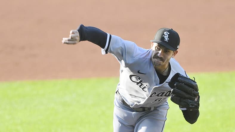 Jul 12, 2022; Cleveland, Ohio, USA; Chicago White Sox starting pitcher Dylan Cease (84) delivers a pitch in the first inning against the Cleveland Guardians at Progressive Field. Mandatory Credit: David Richard-USA TODAY Sports