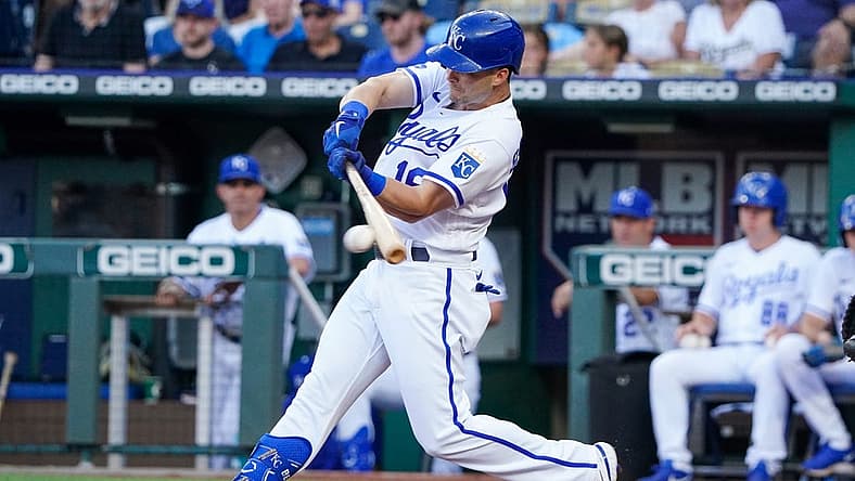 Jul 12, 2022; Kansas City, Missouri, USA; Kansas City Royals left fielder Andrew Benintendi (16) hits a one run single against theDetroit Tigers in the first inning at Kauffman Stadium. Mandatory Credit: Denny Medley-USA TODAY Sports