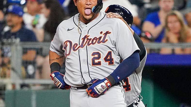 Jul 12, 2022; Kansas City, Missouri, USA; Detroit Tigers designated hitter Miguel Cabrera (24) celebrates toward the dugout against the Kansas City Royals after hitting a one run single in the seventh inning at Kauffman Stadium. Mandatory Credit: Denny Medley-USA TODAY Sports