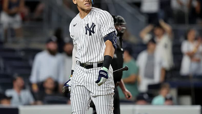 Jul 12, 2022; Bronx, New York, USA; New York Yankees pinch hitter Aaron Judge (99) reacts after striking out during the ninth inning against the Cincinnati Reds at Yankee Stadium. Mandatory Credit: Brad Penner-USA TODAY Sports