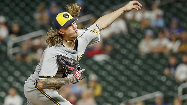 Jul 12, 2022; Minneapolis, Minnesota, USA; Milwaukee Brewers relief pitcher Josh Hader (71) throws to the Minnesota Twins in the ninth inning at Target Field. Mandatory Credit: Bruce Kluckhohn-USA TODAY Sports
