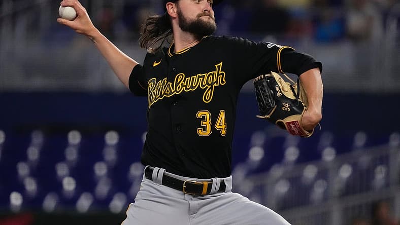 Jul 13, 2022; Miami, Florida, USA; Pittsburgh Pirates starting pitcher JT Brubaker (34) delivers a pitch in the first inning against the Miami Marlins at loanDepot park. Mandatory Credit: Jasen Vinlove-USA TODAY Sports