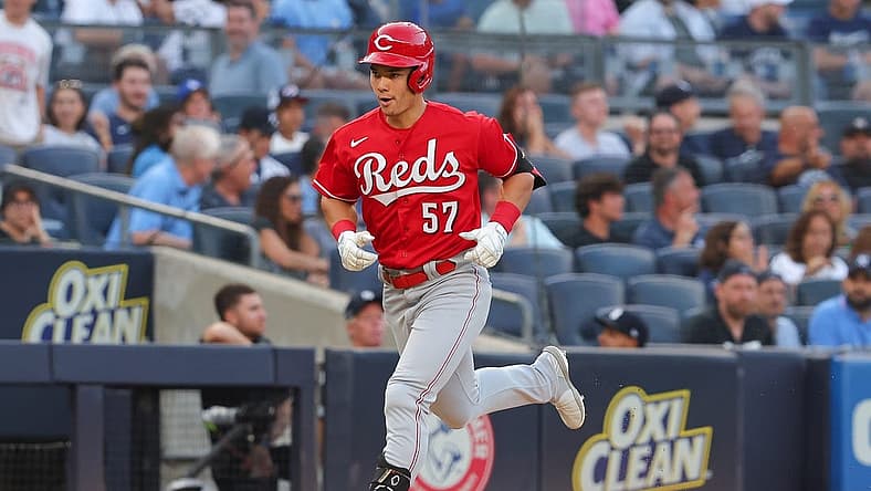 Jul 13, 2022; Bronx, New York, USA; Cincinnati Reds center fielder Stuart Fairchild (57) runs toward home plate after hitting a solo home run during the second inning against the New York Yankees at Yankee Stadium. Mandatory Credit: Vincent Carchietta-USA TODAY Sports