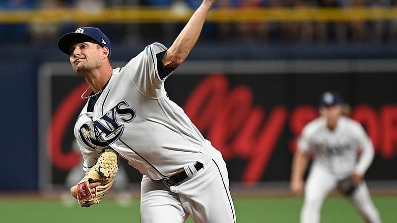 Jul 13, 2022; St. Petersburg, Florida, USA; Tampa Bay Rays starting pitcher Shane McClanahan (18) throws a pitch in the first inning against the Boston Red Sox at Tropicana Field. Mandatory Credit: Jonathan Dyer-USA TODAY Sports