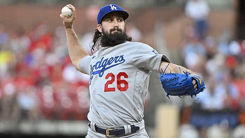 Jul 13, 2022; St. Louis, Missouri, USA; Los Angeles Dodgers starting pitcher Tony Gonsolin (26) pitches against the St. Louis Cardinals during the third inning at Busch Stadium. Mandatory Credit: Jeff Curry-USA TODAY Sports