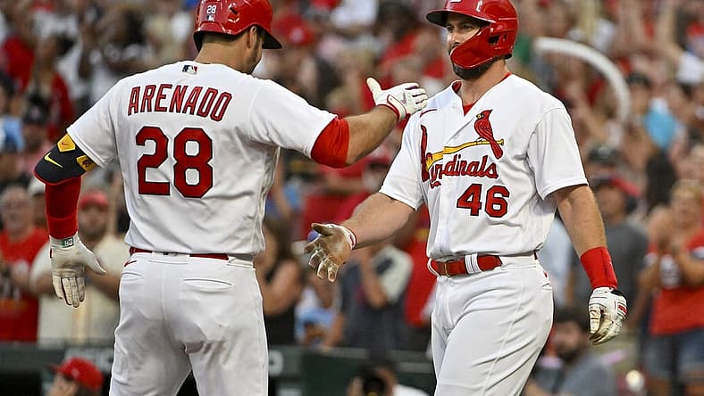 Jul 13, 2022; St. Louis, Missouri, USA;  St. Louis Cardinals third baseman Nolan Arenado (28) celebrates with first baseman Paul Goldschmidt (46) after hitting a two run home run against the Los Angeles Dodgers during the third inning at Busch Stadium. Mandatory Credit: Jeff Curry-USA TODAY Sports