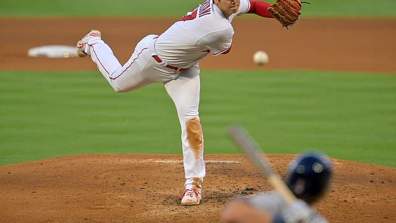 Jul 13, 2022; Anaheim, California, USA; Los Angeles Angels starting pitcher Shohei Ohtani (17) throws a pitch in the third inning against the Houston Astros at Angel Stadium. Mandatory Credit: Jayne Kamin-Oncea-USA TODAY Sports