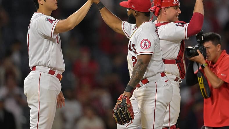 Jul 13, 2022; Anaheim, California, USA; Los Angeles Angels starting pitcher Shohei Ohtani (17) gets a high five from second baseman Luis Rengifo (2) after defeating the Houston Astros at Angel Stadium. Mandatory Credit: Jayne Kamin-Oncea-USA TODAY Sports