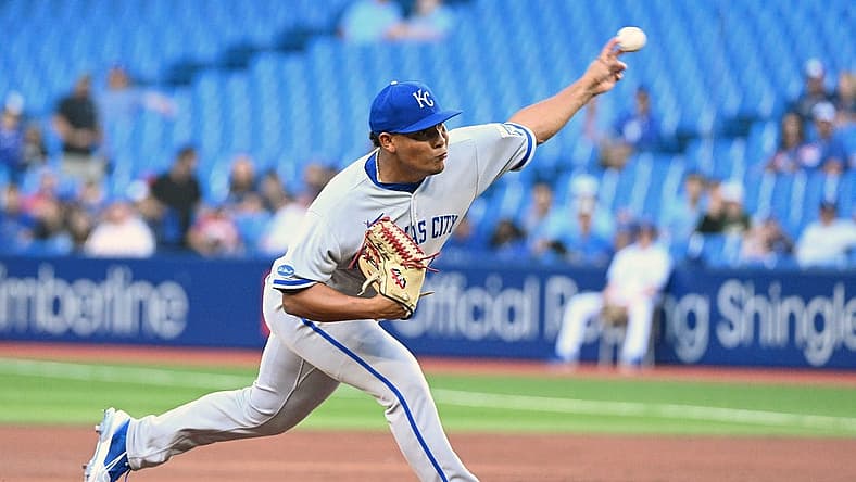 Jul 14, 2022; Toronto, Ontario, CAN;  Kansas City Royals starting pitcher Angel Zerpa (61) delivers a pitch against the Toronto Blue Jays in the first inning at Rogers Centre. Mandatory Credit: Dan Hamilton-USA TODAY Sports
