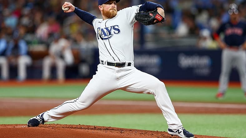 Jul 14, 2022; St. Petersburg, Florida, USA;  Tampa Bay Rays starting pitcher Drew Rasmussen (57) throws a pitch against the Boston Red Sox in the first inning at Tropicana Field. Mandatory Credit: Nathan Ray Seebeck-USA TODAY Sports