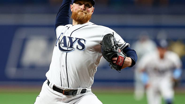 Jul 14, 2022; St. Petersburg, Florida, USA; Tampa Bay Rays starting pitcher Drew Rasmussen (57) throws a pitch against the Boston Red Sox in the first inning at Tropicana Field. Mandatory Credit: Nathan Ray Seebeck-USA TODAY Sports