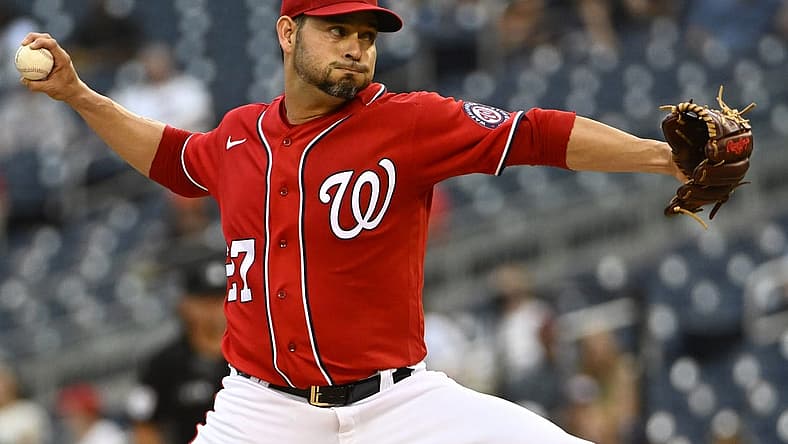 Jul 14, 2022; Washington, District of Columbia, USA; Washington Nationals starting pitcher Anibal Sanchez (27) throws to the Atlanta Braves during the first inning at Nationals Park. Mandatory Credit: Brad Mills-USA TODAY Sports