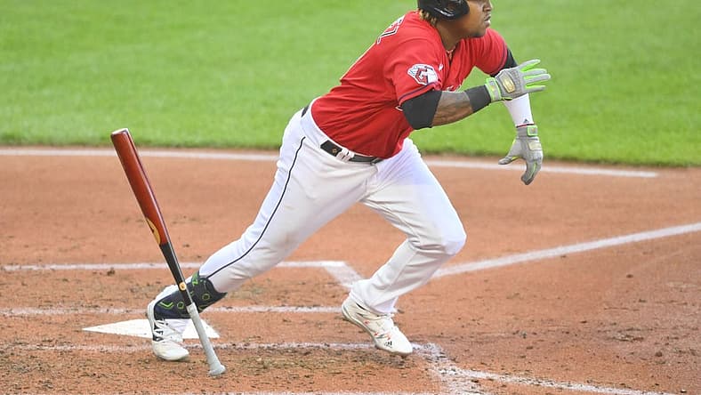 Jul 14, 2022; Cleveland, Ohio, USA; Cleveland Guardians third baseman Jose Ramirez (11) runs after hitting an RBI single in the third inning against the Detroit Tigers at Progressive Field. Mandatory Credit: David Richard-USA TODAY Sports