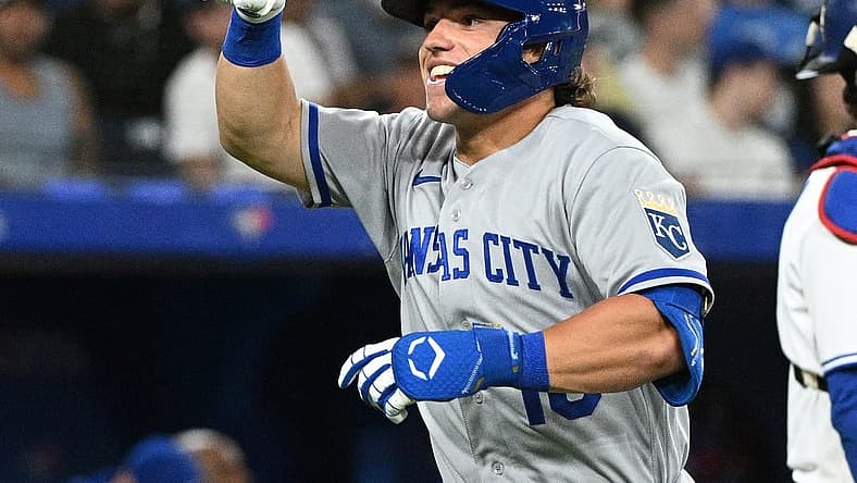 Jul 14, 2022; Toronto, Ontario, CAN;  Kansas City Royals center fielder Nate Eaton (18) reacts as he crosses home plate after hitting the first home run of his career against the Toronto Blue Jays in the ninth inning at Rogers Centre. Mandatory Credit: Dan Hamilton-USA TODAY Sports