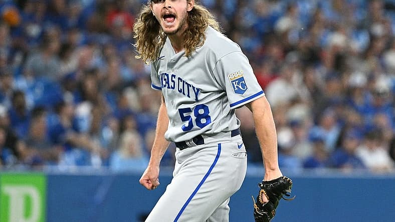 Jul 14, 2022; Toronto, Ontario, CAN;  Kansas City Royals relief pitcher Scott Barlow (58) reacts after the final out in a win over the Toronto Blue Jays at Rogers Centre. Mandatory Credit: Dan Hamilton-USA TODAY Sports