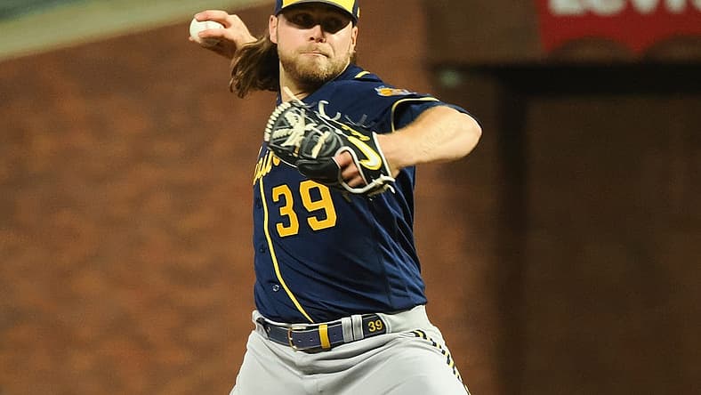 Jul 14, 2022; San Francisco, California, USA; Milwaukee Brewers starting pitcher Corbin Burnes (39) throws against the San Francisco Giants during the eighth inning at Oracle Park. Mandatory Credit: Kelley L Cox-USA TODAY Sports