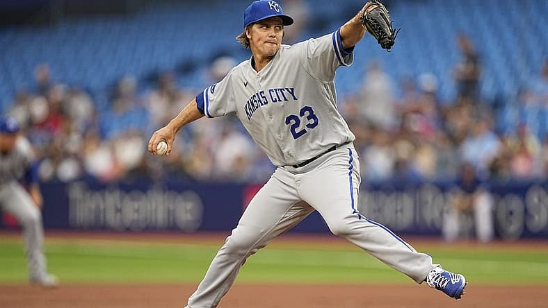 Jul 15, 2022; Toronto, Ontario, CAN; Kansas City Royals starting pitcher Zack Greinke (23) pitches to the Toronto Blue Jays during the first inning at Rogers Centre. Mandatory Credit: John E. Sokolowski-USA TODAY Sports