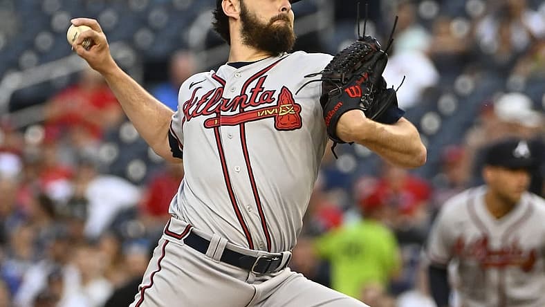 Jul 15, 2022; Washington, District of Columbia, USA; Atlanta Braves starting pitcher Ian Anderson (36) throws to the Washington Nationals during the second inning at Nationals Park. Mandatory Credit: Brad Mills-USA TODAY Sports